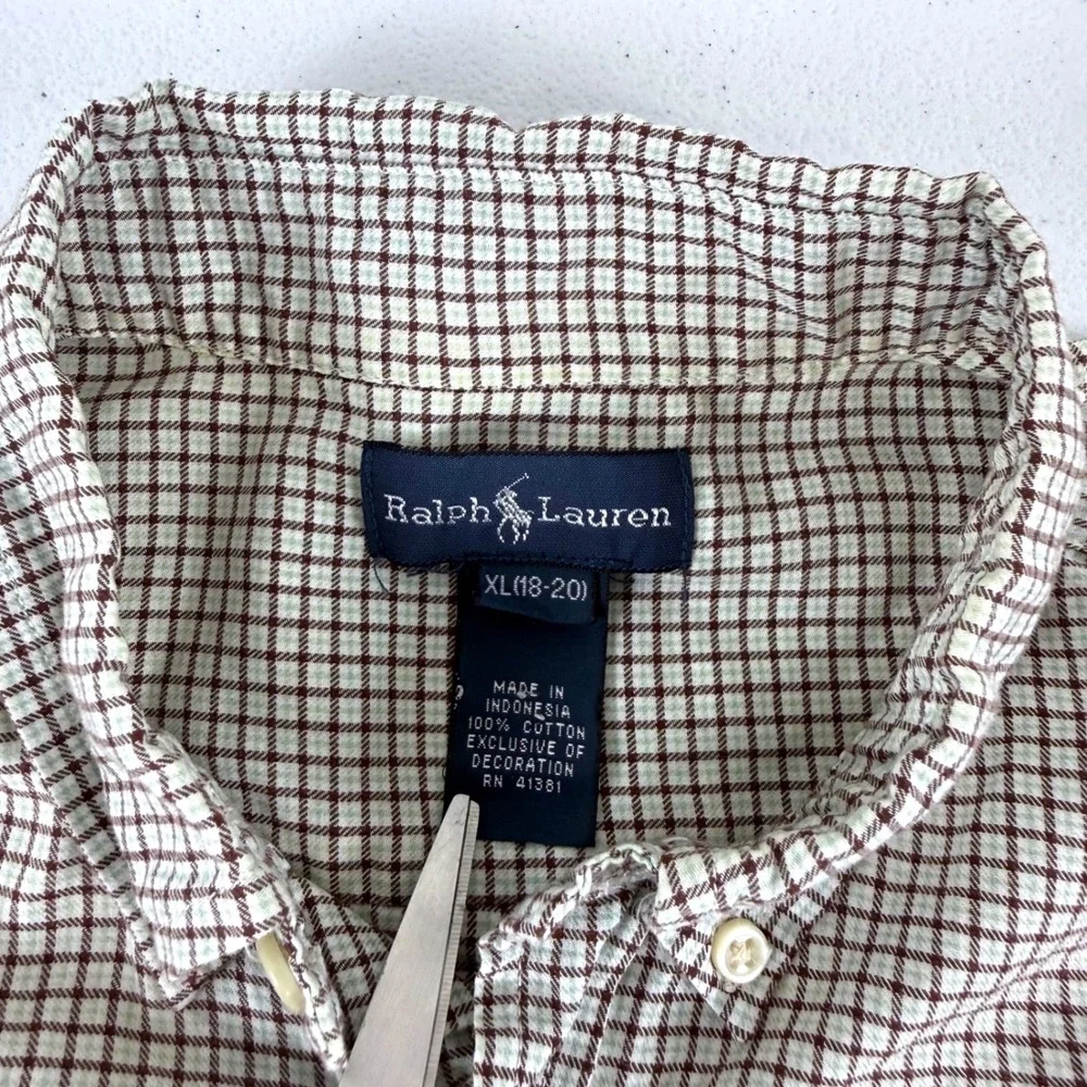 Ralph Lauren Boys XL 18-20 Brown White Check Button Down Shirt Long Sleeve